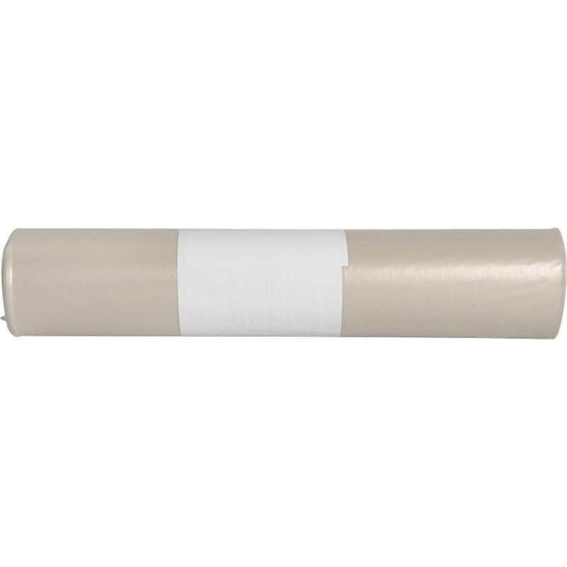 A rolled sheet of brown paper labeled "trash bags for Sækkoboy 40, 40 my LDPE Recycled" from Abena Re-Seller GmbH is depicted with a white label in the middle on a white background.