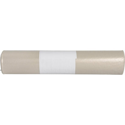 A rolled sheet of brown paper labeled "trash bags for Sækkoboy 40, 40 my LDPE Recycled" from Abena Re-Seller GmbH is depicted with a white label in the middle on a white background.