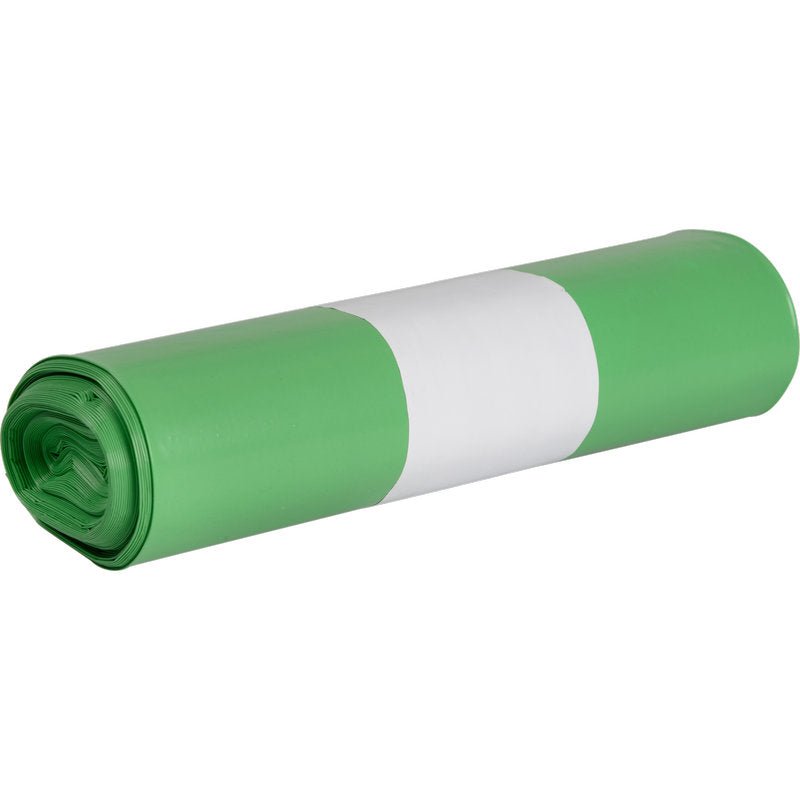 A roll of garbage bags for Sækko Boy 60, 55 my LDPE Recycled from Abena Re-Seller GmbH is tightly wrapped with a white paper band in the middle and laid horizontally on a white background.