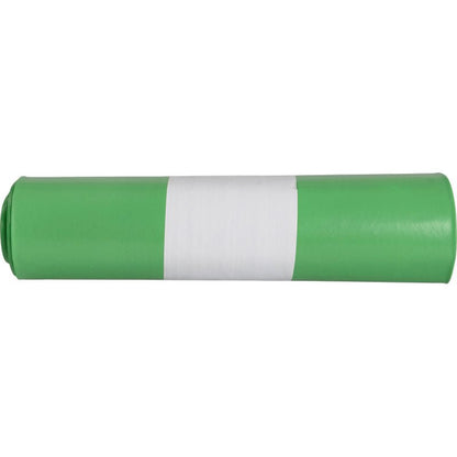 A green roll of garbage bags for Sækko Boy 60, 55 my LDPE Recycled from Abena Re-Seller GmbH, with a white band in the middle, depicted against a solid white background.