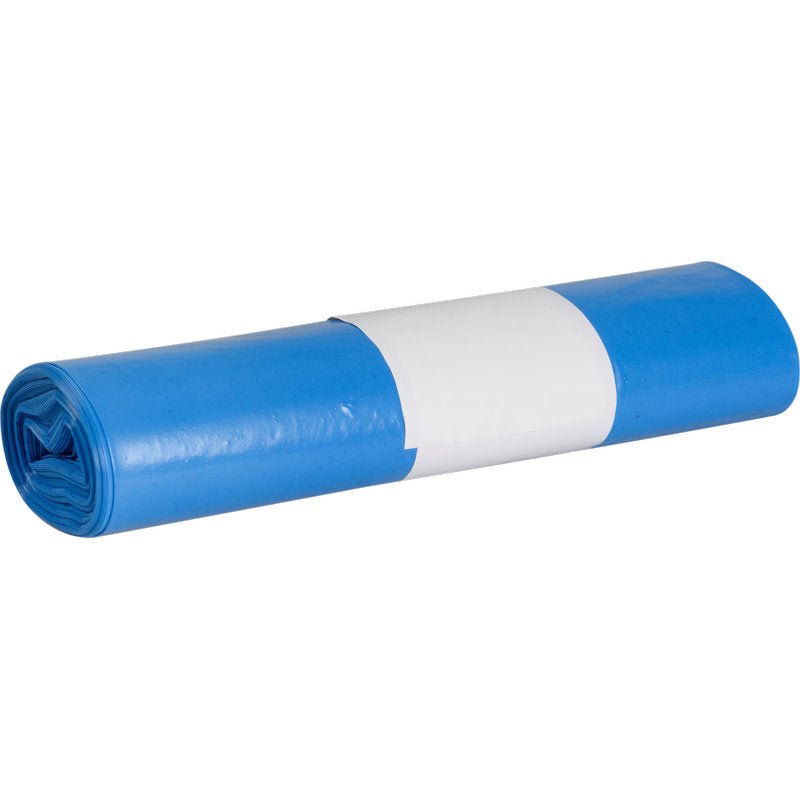 A tightly rolled bundle of blue plastic bags from Abena Re-Seller GmbH trash bags for Sækkoboy 40 (40 my LDPE recycled), secured with a white paper band in the middle.