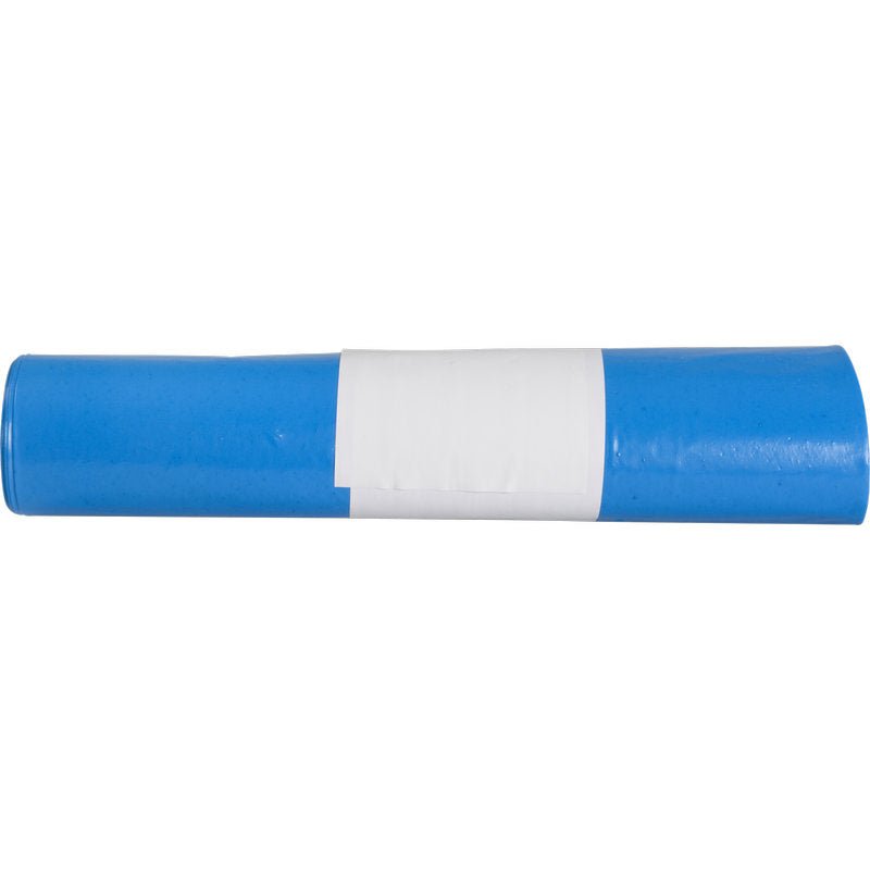 A blue, cylindrical roll of trash bags for Sækkoboy 40 (40 my LDPE Recycled) from Abena Re-Seller GmbH with a white, rectangular label in the middle against a plain white background.