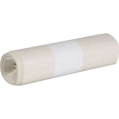 A roll of Abena Re-Seller GmbH garbage bags for Sækko Boy 60, 55 my LDPE Recycled is tightly wrapped and equipped with a white label in the middle, standing against a solid background.