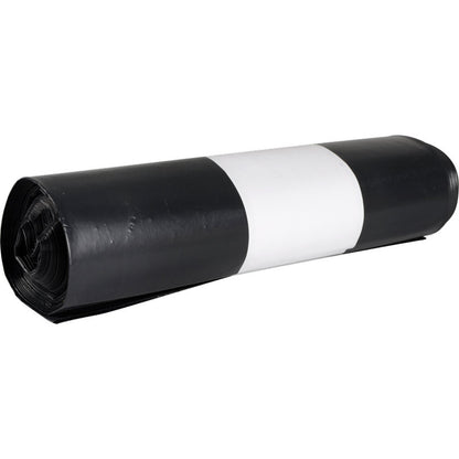 A rolled-up Abena Re-Seller GmbH garbage bag for Sækko Boy 60 (55 my LDPE Recycled) trash bag with a white paper band in the middle, in front of a plain white background.