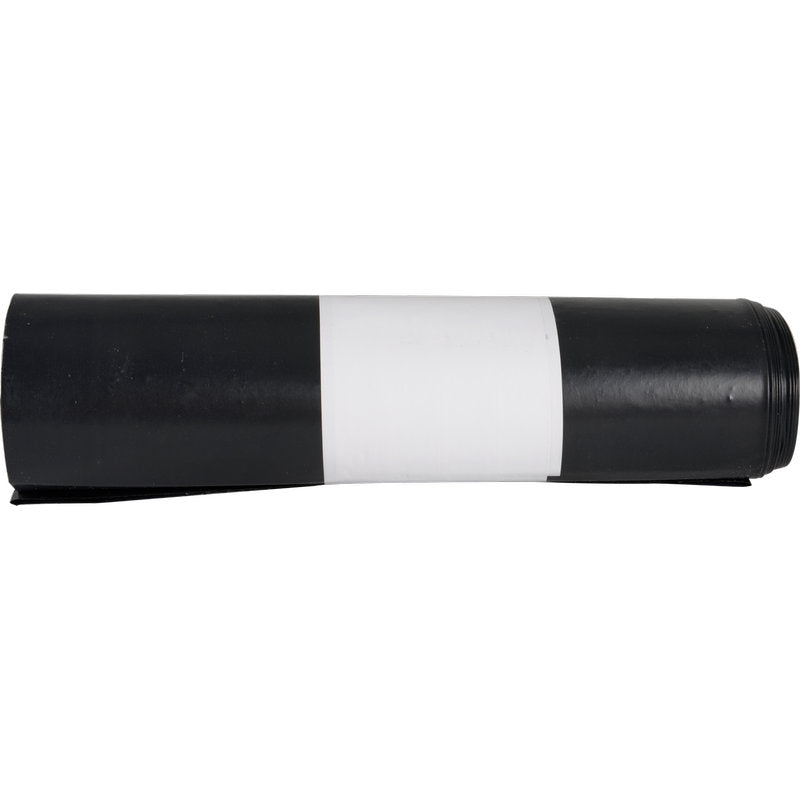 A rolled-up sheet of black material, such as garbage bags for Sækko Boy 60, 55 my LDPE Recycled from Abena Re-Seller GmbH, with a broad white stripe in the middle, on a solid white background.