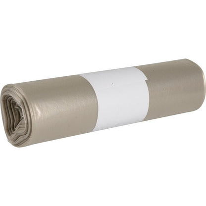 A tightly rolled bundle of light gray garbage bags for Sækko Boy 60 (55 my LDPE Recycled) from Abena Re-Seller GmbH, with a simple white label in the middle, depicted against a white background.