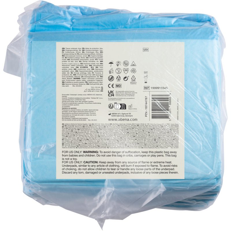 A transparent plastic packaging with 25 pieces of Abena Re-Seller GmbH disposable underpads, ABENA Tissue, 8-layer, 60x90 cm, blue shows a label with care symbols, instructions, and multilingual warnings.
