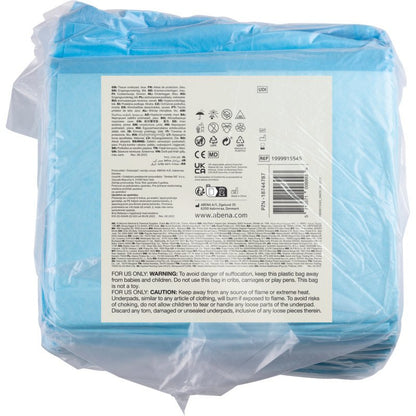 A transparent plastic packaging with 25 pieces of Abena Re-Seller GmbH disposable underpads, ABENA Tissue, 8-layer, 60x90 cm, blue shows a label with care symbols, instructions, and multilingual warnings.