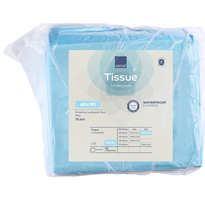 A transparent plastic packaging contains 25 blue Abena Re-Seller GmbH disposable underpads, 8-layer tissue, 60x90 cm. The label highlights the waterproof and hygienic properties and provides detailed information.