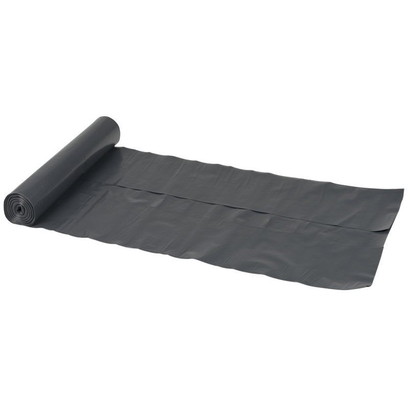 Eine Rolle Abena Re-Seller GmbH Abfallsäcke 120 L (700x1100 mm, 70 my LDPE, Schwarz, Rolle mit 10 Beuteln) ist teilweise abgerollt, wobei mehrere zusammenhängende Beutel flach auf einem weißen Hintergrund liegen.