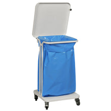 A Sækko Boy 40 waste container, with a lid in white from Abena Re-Seller GmbH, stands on four wheels and contains a large blue plastic inner bag.