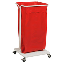 The Sækko Boy 120 from Abena Re-Seller GmbH is a space-saving, mobile laundry basket with a white frame, four swivel casters, and a large red bag - perfect as a 120-liter garbage bag holder for collecting laundry or waste.