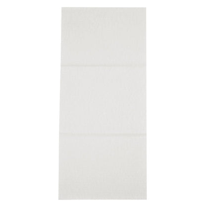 An unfolded rectangular disposable towel, airlaid, white from Abena Re-Seller GmbH lies flat on an even surface with visible crease marks.