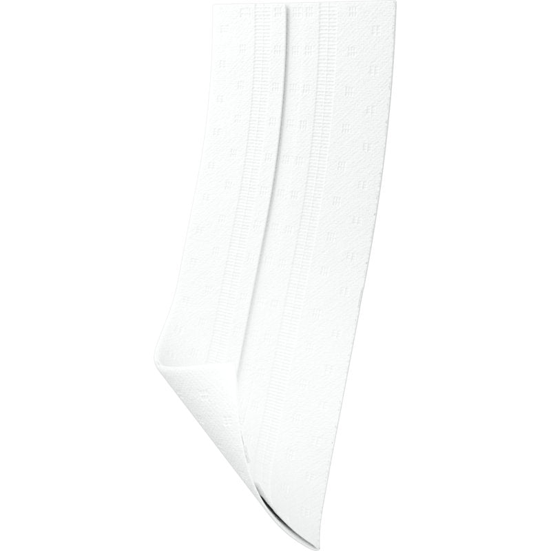 A single white Abena Re-Seller GmbH disposable washcloth from a pack of 125, made of 6-layer embossed paper with a slightly folded end, measuring 19x25 cm and isolated on a white background.