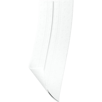 A single white Abena Re-Seller GmbH disposable washcloth from a pack of 125, made of 6-layer embossed paper with a slightly folded end, measuring 19x25 cm and isolated on a white background.