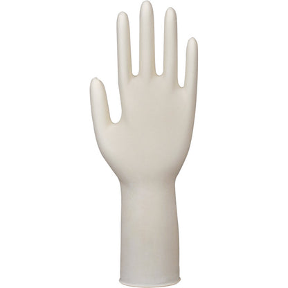 A single Abena Re-Seller GmbH Latex Glove Classic, powder-free and long, natural, is shown upright with the palm facing forward and fingers extended to highlight its design.