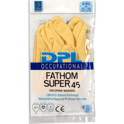 A pack of Abena Re-Seller GmbH household gloves Latex, Yellow, Neoprene gloves, depicted in a clear plastic bag with blue and black lettering.
