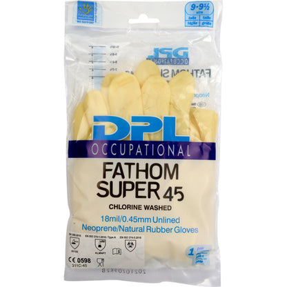 A clear plastic package contains Abena Re-Seller GmbH household gloves Latex, Yellow, Neoprene gloves. The packaging shows product details, size 9-9.5, and certifications.