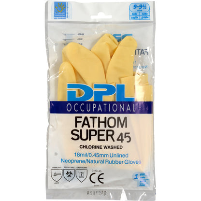 A sealed package with yellow "household gloves Latex, Yellow, Neoprene" from Abena Re-Seller GmbH, labeled as unlined neoprene/natural rubber cleaning gloves, chlorine washed, 18 mil/0.45 mm.