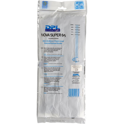 A sealed plastic package contains Abena Re-Seller GmbH household gloves latex, black, 28cm/0.65mm, with printed instructions and branding, as well as a transparent section where the household gloves can be seen.