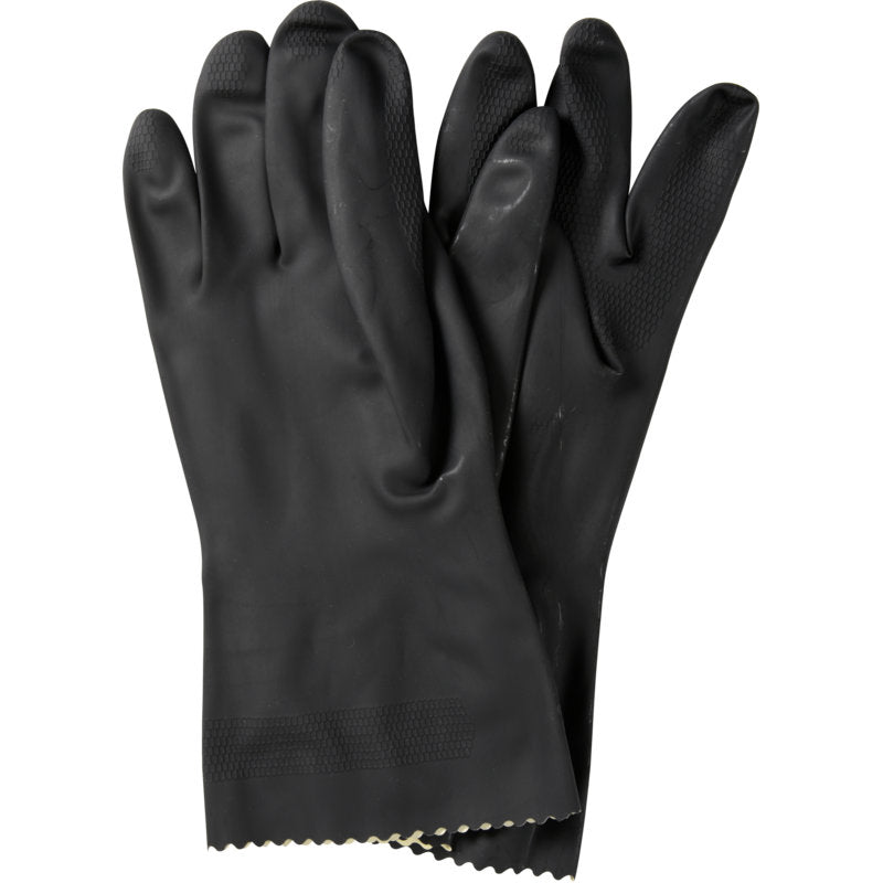 A pair of Abena Re-Seller GmbH household gloves latex, black with textured fingertips and palms, laid flat on a white background.
