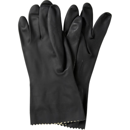 A pair of Abena Re-Seller GmbH household gloves latex, black are layered on a white background and feature a textured grip pattern on the fingers.