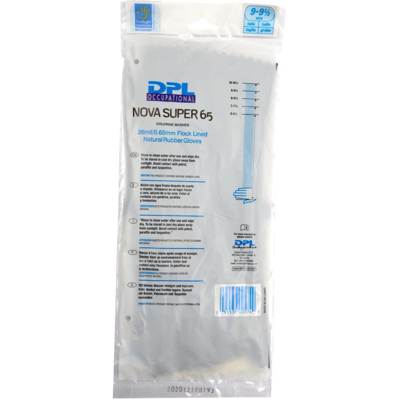 A transparent plastic package labeled "Household gloves latex, black" by Abena Re-Seller GmbH carries product information, size details, and a barcode on the front.