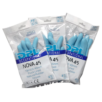 Pictured are three packages of Abena Re-Seller GmbH household latex gloves, blue, each containing one pair of blue gloves in sizes 6-6½, 8-8½, and 9-9½.