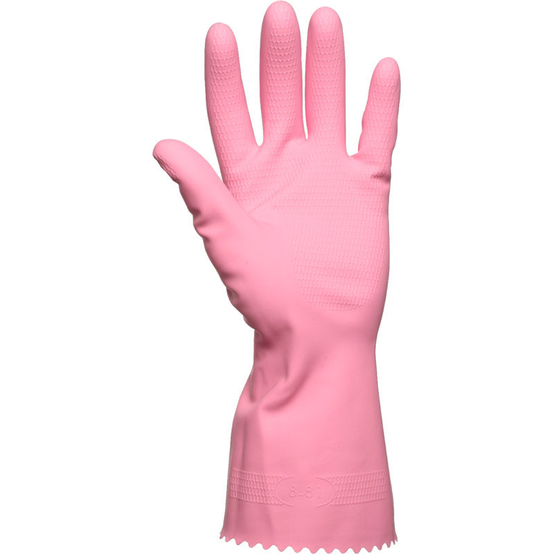 A single Abena Re-Seller GmbH household latex glove, pink, is depicted standing upright with the palm facing forward. It has a textured surface on the fingers and palm and a ribbed cuff at the wrist.