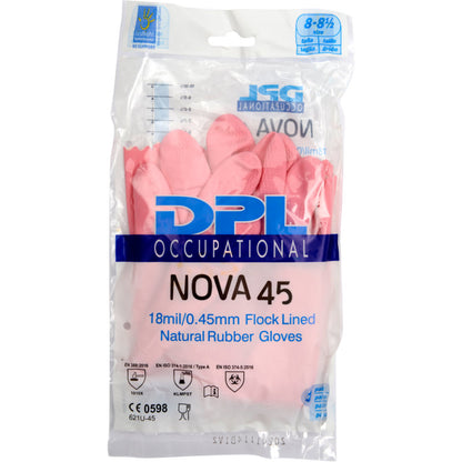 A transparent plastic packaging with pink household latex gloves from Abena Re-Seller GmbH, labeled with 18mil/0.45mm flock lining, with blue-white branding and certification symbols on the front.