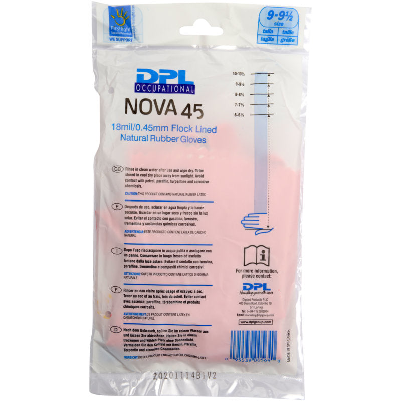 A transparent plastic packaging contains Abena Re-Seller GmbH household latex gloves, pink. The packaging lists size, 18mil/0.45mm thickness, flock lining, usage, and care instructions. The pink gloves are visible inside.