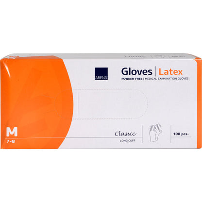 The white box with orange accents contains 100 Abena Re-Seller GmbH Latex Gloves Classic, powder-free, long, natural, size M (7-8), with extended cuff for extra protection.