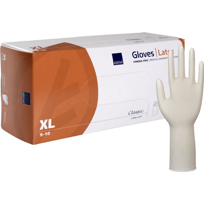 A box of Abena Re-Seller GmbH Latex Gloves Classic, powder-free, long, natural, size XL (9-10), with an upright glove next to the white-orange packaging - ideal for long protection in everyday life.