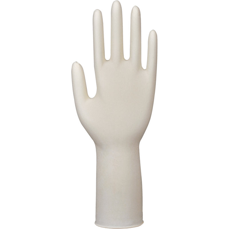 The Latex Glove "Classic, Powder-Free, Long, Natural" from Abena Re-Seller GmbH is white and depicted in an upright palm position with extended fingers - for long-lasting protection.