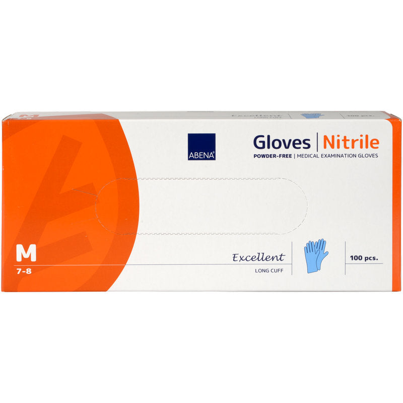 Eine rechteckige Box der Abena Re-Seller GmbH enthält 100 Nitril-Handschuhe Excellent, puderfrei, lang, blau, Größe M (7-8). Die Verpackung ist überwiegend weiß mit orangefarbenen Akzenten und blauer Schrift.