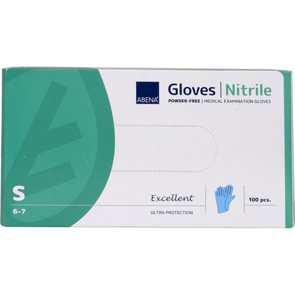 Eine Schachtel Abena Re-Seller GmbH Nitril-Handschuhe Excellent, puderfrei, blau, Größe klein (6-7), kommt in einer weiß-grünen "Excellent Ultra Protection" Verpackung und enthält 100 medizinische Untersuchungshandschuhe.