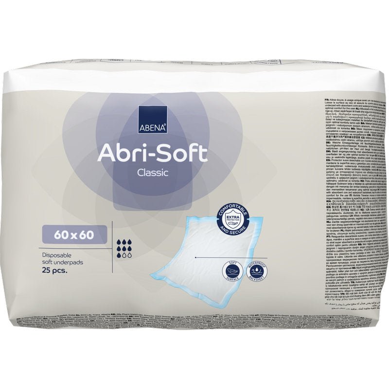 A pack of 25 Abena Re-Seller GmbH disposable underpads Abri-Soft Classic, 60x60 cm, Blue. The packaging shows product details, an image of the underpad, and certification symbols.