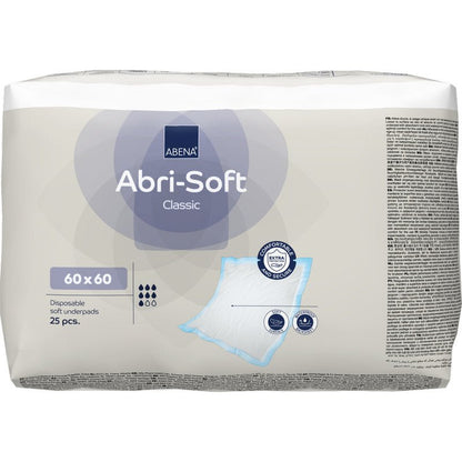 A pack of 25 Abena Re-Seller GmbH disposable underpads Abri-Soft Classic, 60x60 cm, Blue. The packaging shows product details, an image of the underpad, and certification symbols.