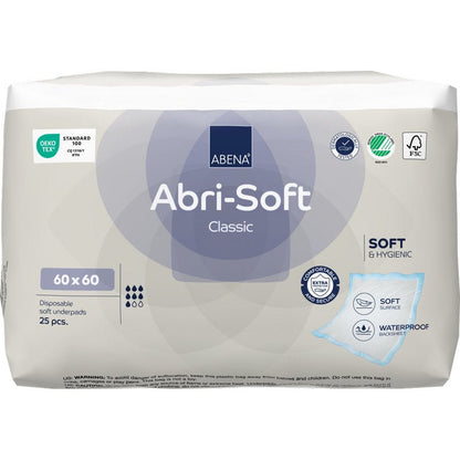 The 25-pack of Abena Re-Seller GmbH disposable underpad, Abri-Soft Classic (60x60 cm, Blue) offers a soft surface, hygienic and waterproof protection, as well as an eco-friendly certification.