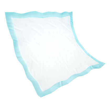 A square white Abena Re-Seller GmbH disposable underpad, Abri-Soft Classic (60x60 cm, Blue), with a light blue border and wavy edges, lies flat on a solid white background. The package contains 25 pieces.