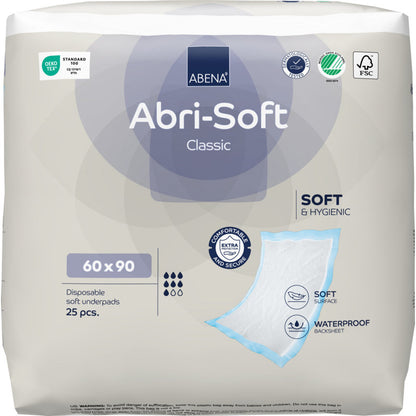 A 25-pack of Abena Re-Seller GmbH disposable underpads Abri-Soft Classic, 60x90 cm, blue offers softness, hygiene, waterproof backing, and additional absorbency.