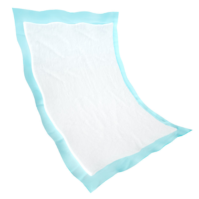 The Abena Re-Seller GmbH disposable underpad, Abri-Soft Classic, 60x90 cm, blue (pack of 25 pieces) is a rectangular disposable underpad with a white absorbent core and light blue border, depicted on a white background.