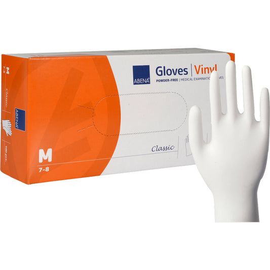 Eine Packung Abena Re-Seller GmbH Vinyl-Handschuhe Classic, Größe M (7-8), puderfrei und transparent, mit dem Bild eines weißen Einweghandschuhs auf orange-weißer Verpackung für medizinische Anwendungen.