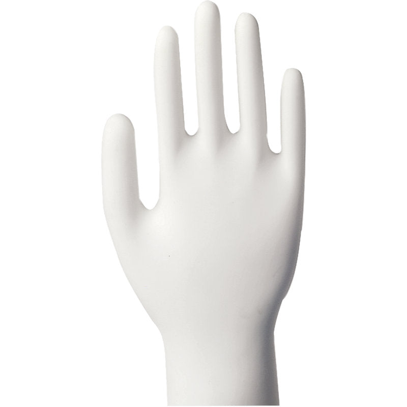 Eine transparente Puppenhand mit leicht gespreizten Fingern zeigt Abena Re-Seller GmbH Vinyl-Handschuhe Classic, puderfrei-die idealen Einweghandschuhe-vor weißem Hintergrund.