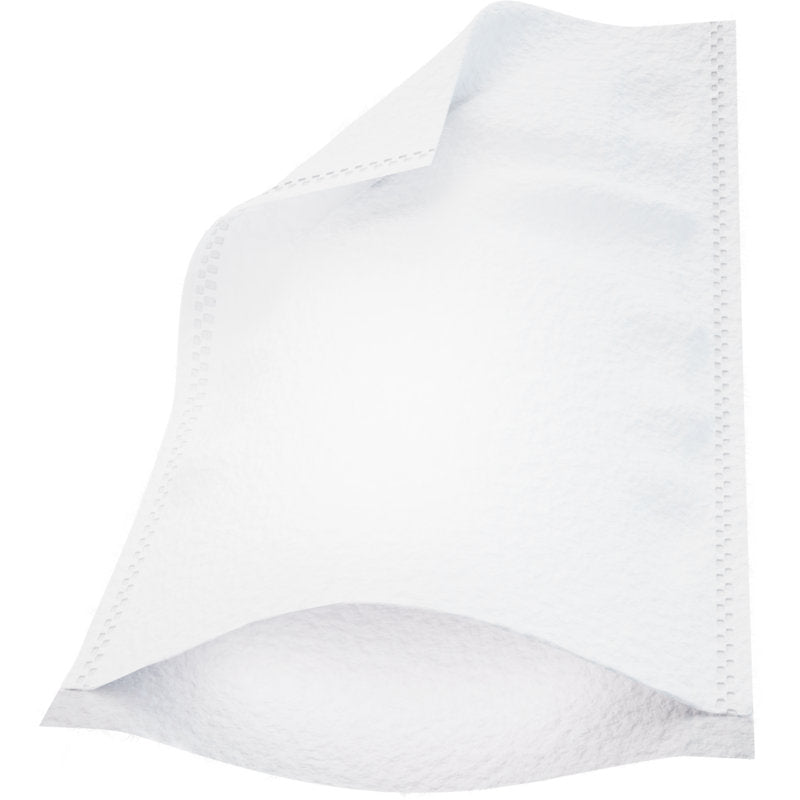 Eine Nahaufnahme eines einzelnen Abena Re-Seller GmbH Waschhandschuhs, 16x23 cm, Molton Ultra Sonic Weiß, zeigt die strukturierte, nicht gewebte Oberfläche mit sichtbaren Ultraschallnähten - ideal zur hygienischen Reinigung. Die Packung enthält 50 Paare.