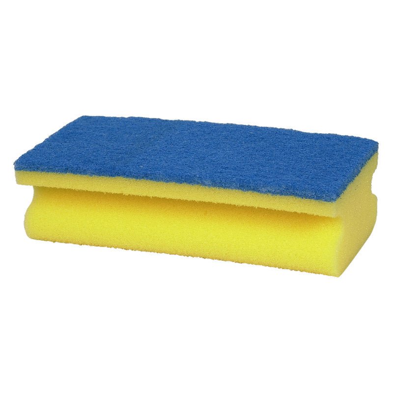 The cleaning sponge Large (5x7x14 cm) from Abena Re-Seller GmbH impresses with a yellow foam base and blue scouring surface - ideal for cleaning large areas and particularly durable.