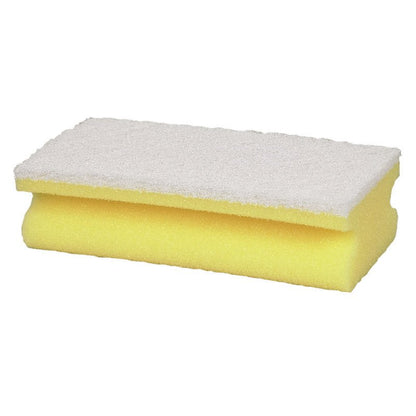 The Abena Re-Seller GmbH cleaning sponge Large (5x7x14 cm) is a rectangular, yellow sponge with a white scouring pad on top, notched on the sides for a better grip, and designed for cleaning large areas.