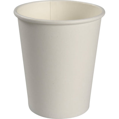 An empty paper cup, White from Abena Re-Seller GmbH stands upright against a white background, showing its smooth surface and slightly rolled rim.