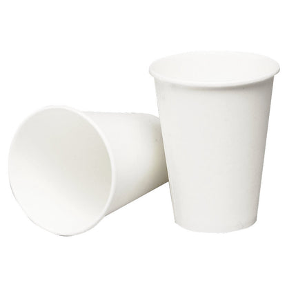 Two paper cups, White from Abena Re-Seller GmbH - one standing, one lying - are placed on a white surface with a simple background.