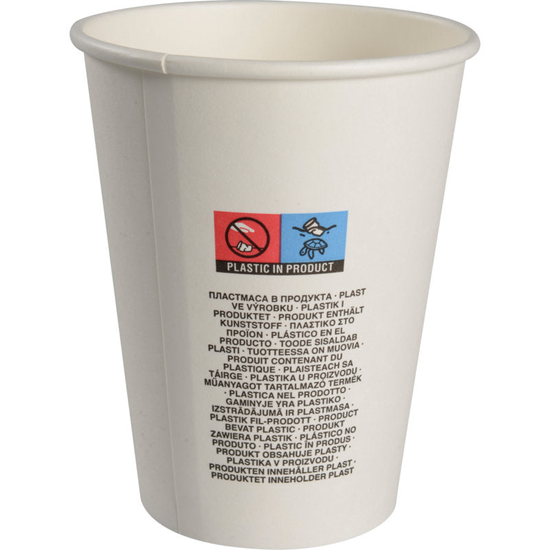 The paper cup, White from Abena Re-Seller GmbH is equipped with a multilingual "PLASTIC IN PRODUCT" label, red no-touch and blue recycling symbols to raise awareness for environmentally friendly disposable cups.
